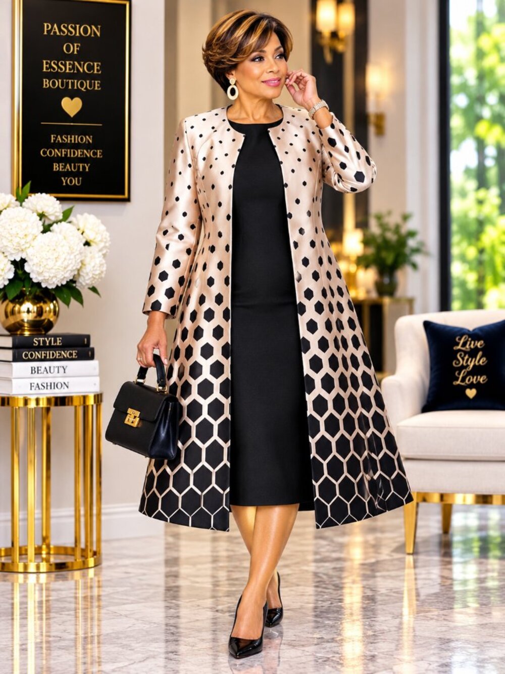 Nubiano Champagne Black 2PC Church Dress & Geometric Coat Set 16W